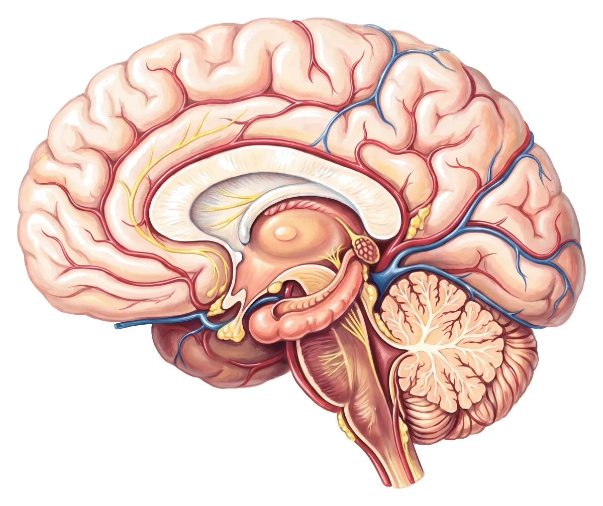 Planche : Le cerveau en coupe sagittale. 1, Cortex préfrontal ; 2, Hippocampe ; 3, Cervelet.