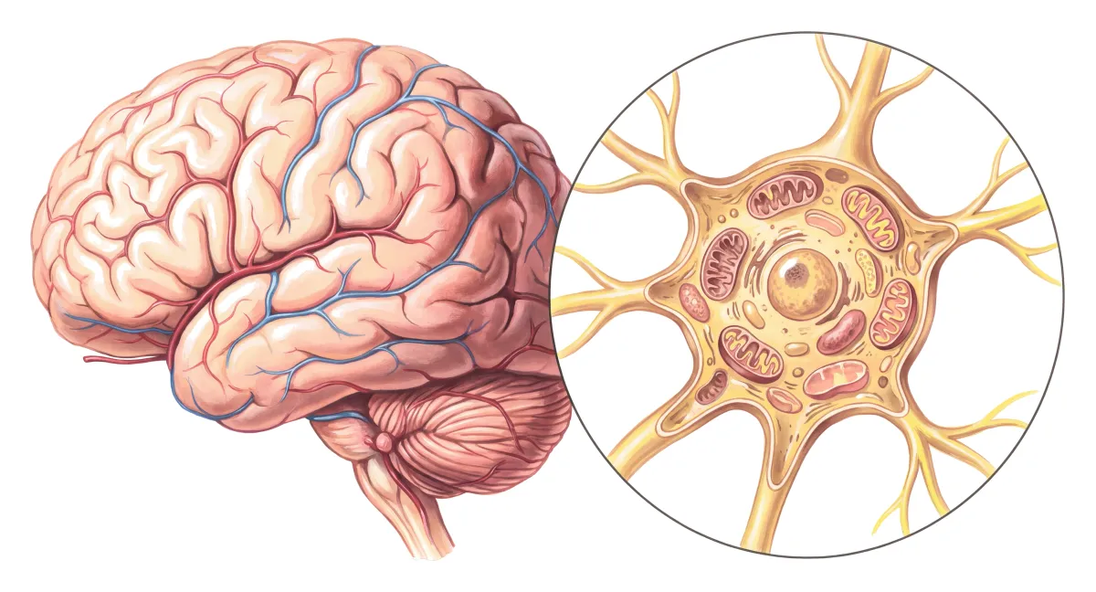 Planche : Le cerveau vu de gauche, et un neurone ouvert. 1, Cortex (le déficit d'énergie des neurones favorise céphalées et migraines) ; 2, Mitochondries (sans FAD, leur chaîne respiratoire ralentit).