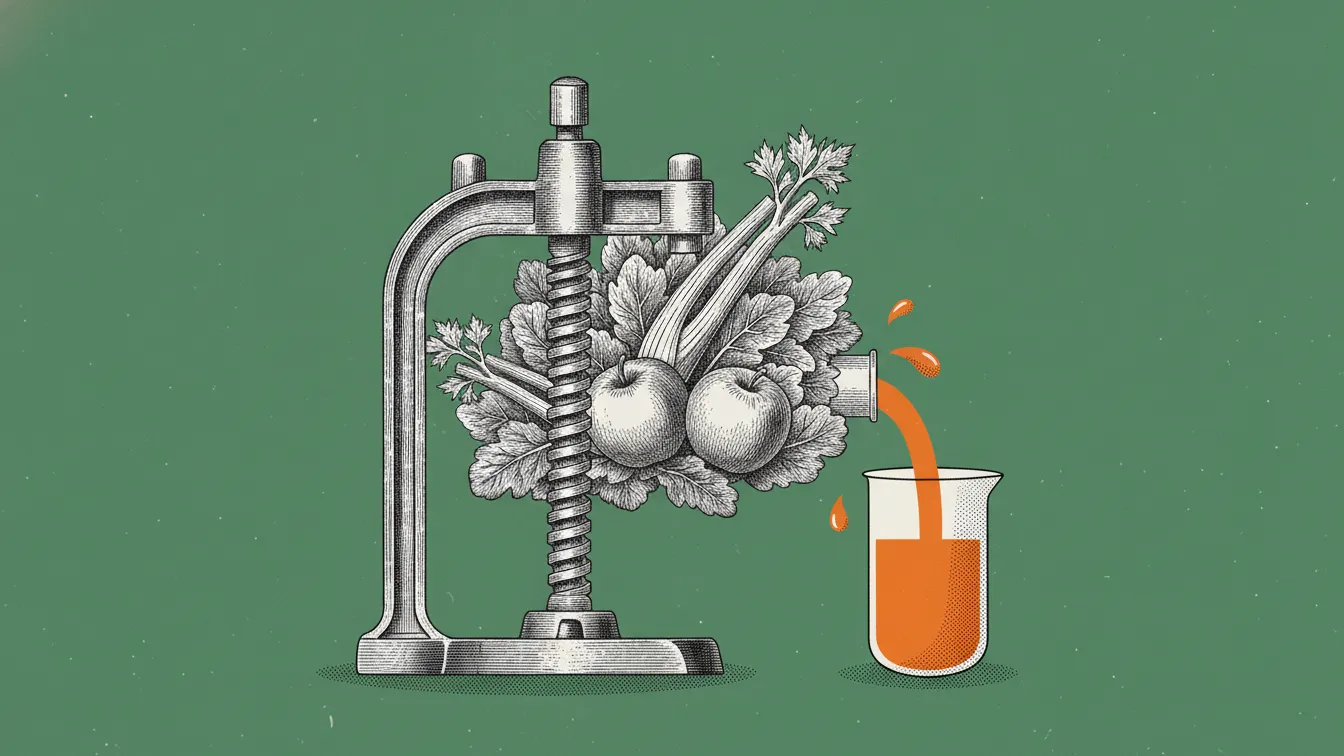 Presse à vis gravée pressant lentement céleri, pommes et feuilles vertes, le jus s'écoulant dans un bécher