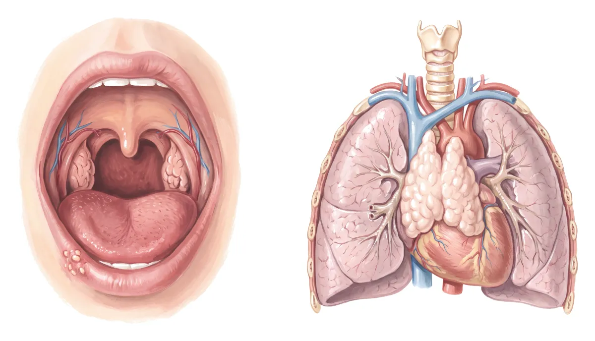 Planche : La gorge et le thorax, vus de face. 1, Amygdales (infections ORL, plus de 3 à 4 par an) ; 2, Trachée et bronches (infections bronchiques qui reviennent) ; 3, Herpès labial (il se réactive souvent).
