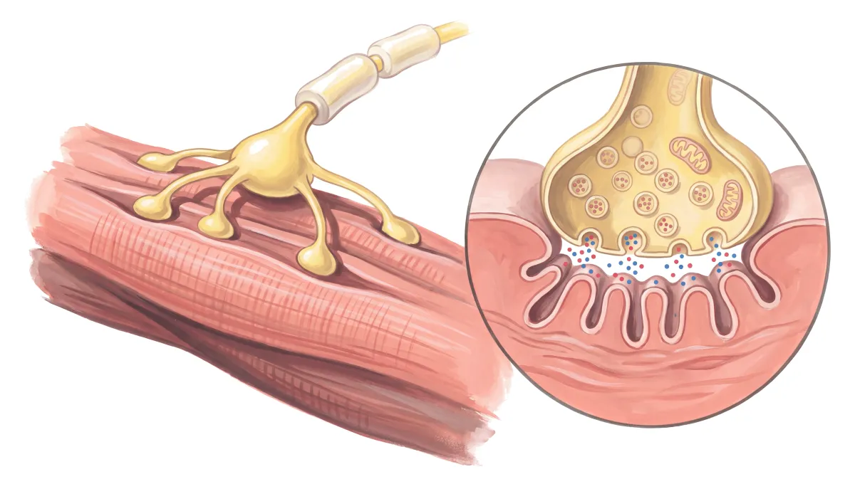 Planche : La jonction entre le nerf et le muscle. 1, Terminaisons du nerf moteur (l’acétylcholine y déclenche la contraction) ; 2, Vésicules d’acétylcholine (elle se fabrique à partir de la choline) ; 3, Fibre musculaire (fatigue et faiblesse à l’effort, crampes nocturnes).