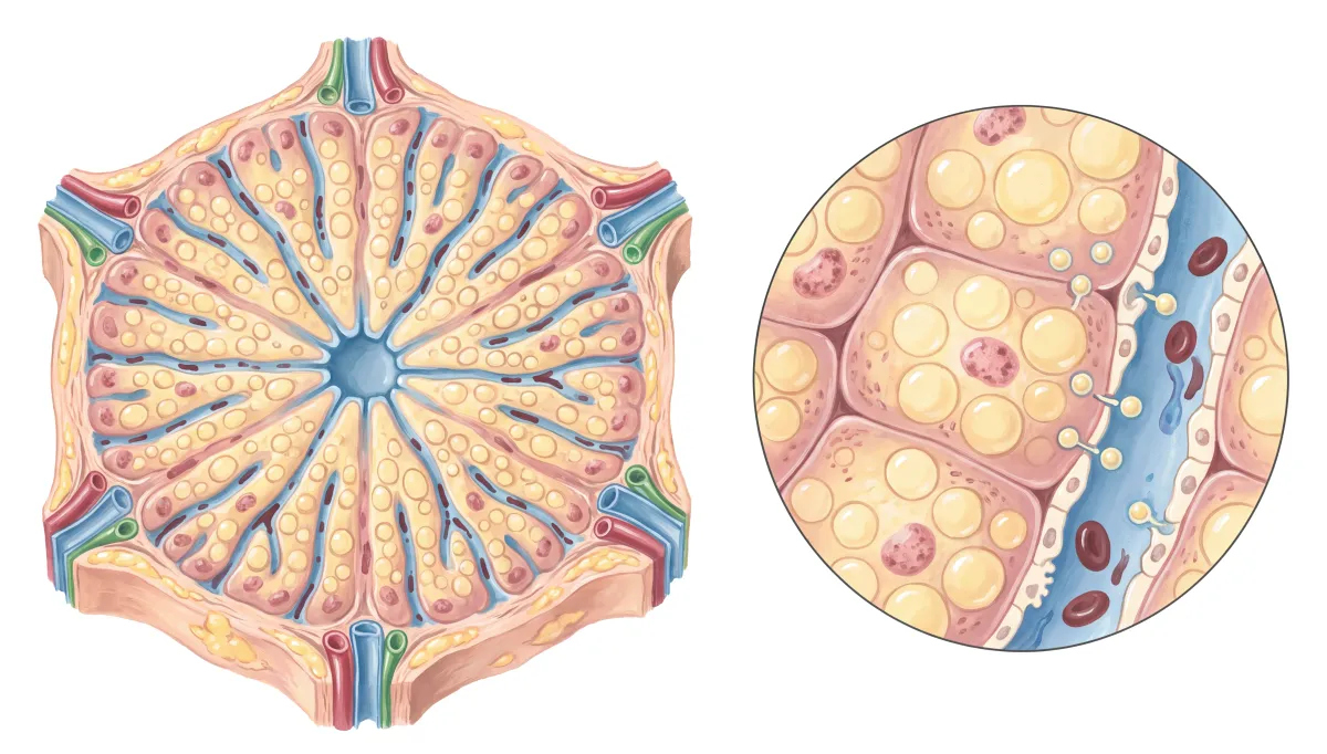Planche : Le lobule du foie, et 3 cellules agrandies. 1, Hépatocytes (chargés de gouttes de graisse : la stéatose) ; 2, VLDL qui quittent la cellule (la phosphatidylcholine y emballe les triglycérides pour les sortir du foie).