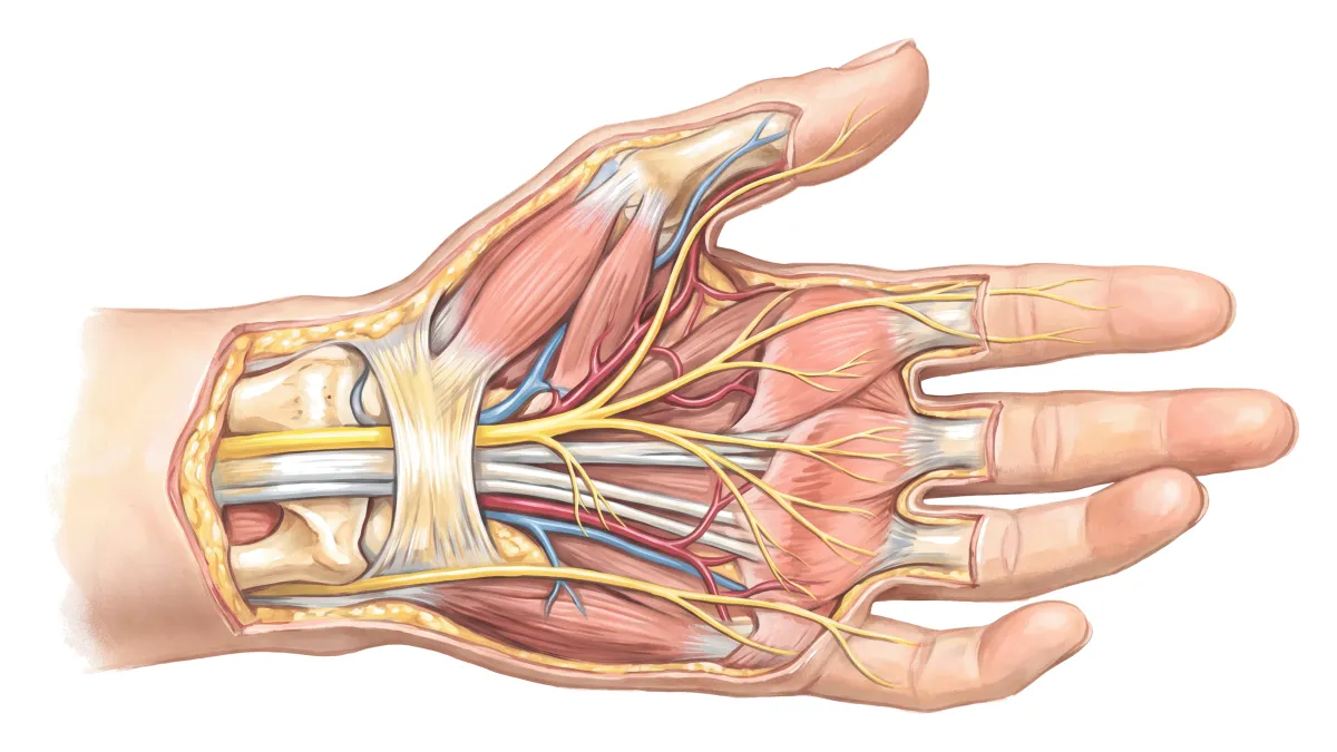 Planche : La main et le poignet, vus de la paume. 1, Ligament du canal carpien ; 2, Nerf médian.