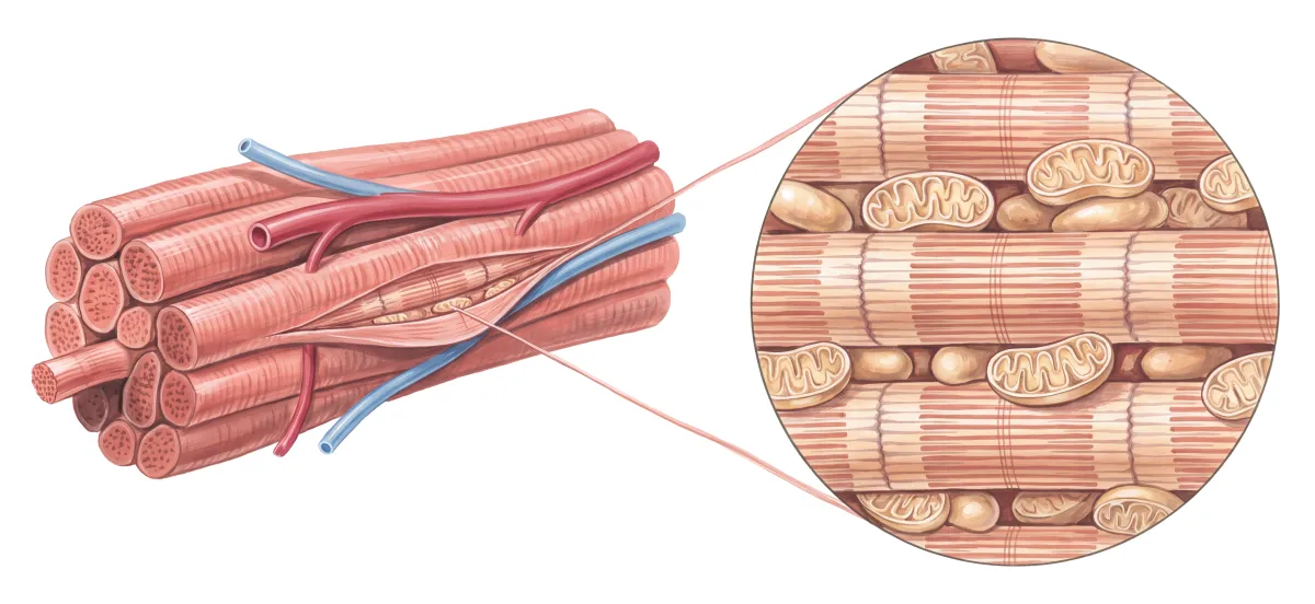 Planche : Le muscle et ses mitochondries. 1, Fibres musculaires (une fatigue disproportionnée à l'effort, une faiblesse) ; 2, Mitochondries (sans TPP, le pyruvate n'entre plus dans le cycle de Krebs et dérive vers le lactate).