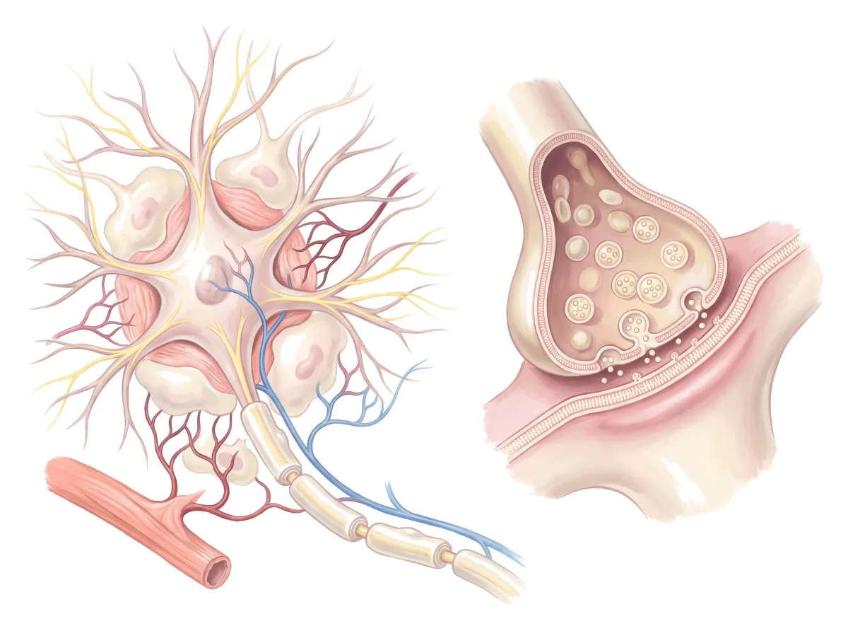 Planche : Le neurone et sa synapse. 1, Neurone (trop excité : anxiété, irritabilité, insomnie) ; 2, Synapse (le magnésium y bouche le récepteur NMDA ; sans lui, le calcium entre en excès).