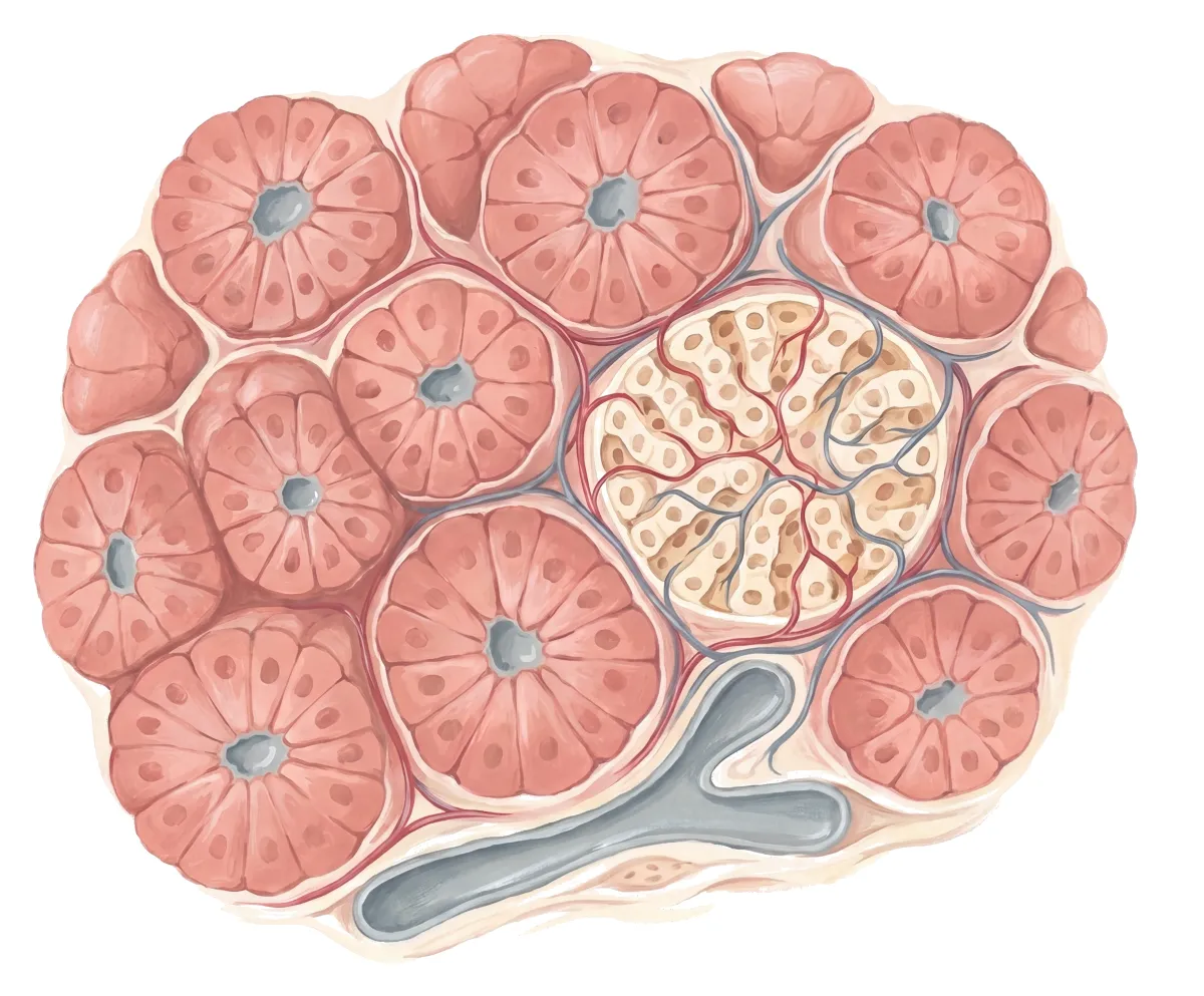 Planche : Un îlot du pancréas, entouré des acinus. 1, Îlot de Langerhans.