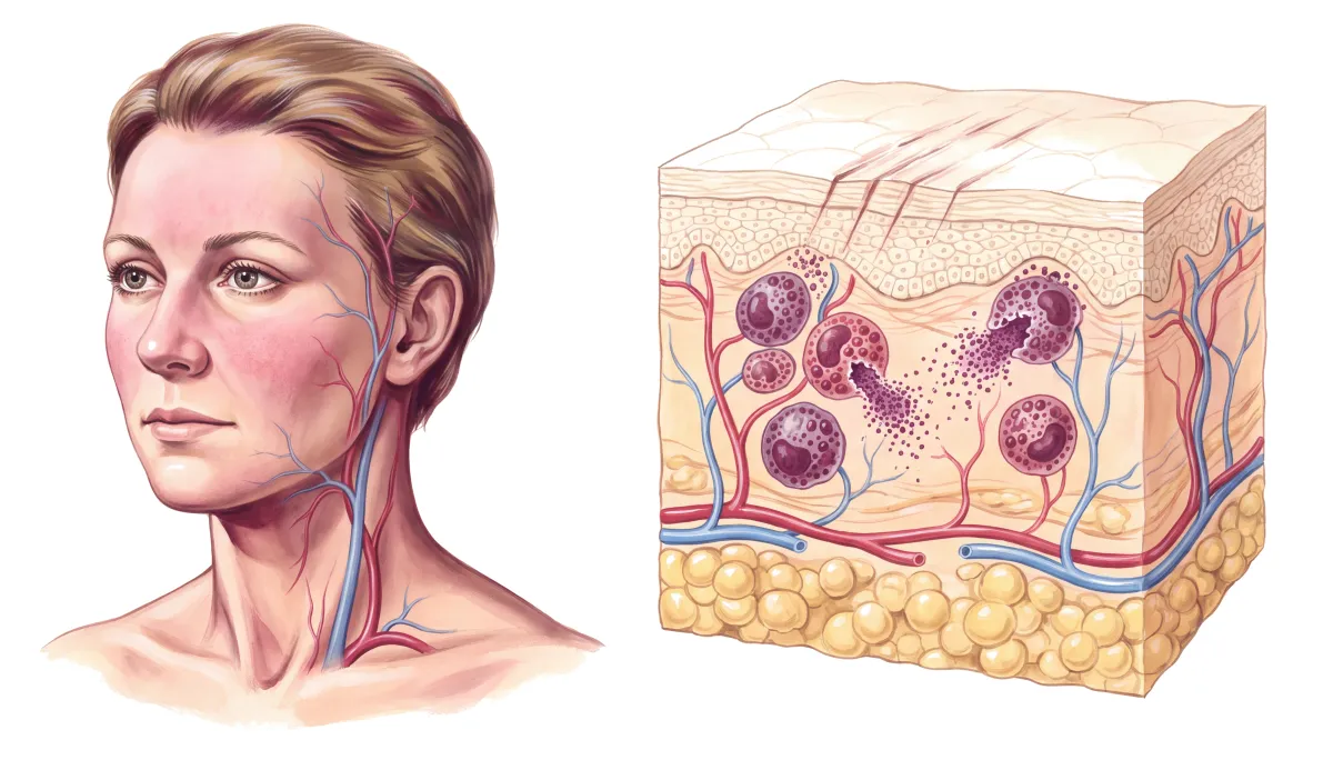 Planche : Le visage, et la peau en coupe. 1, Joues (des rougeurs par épisodes, à faire explorer) ; 2, Mastocytes du derme (des démangeaisons sans cause trouvée).