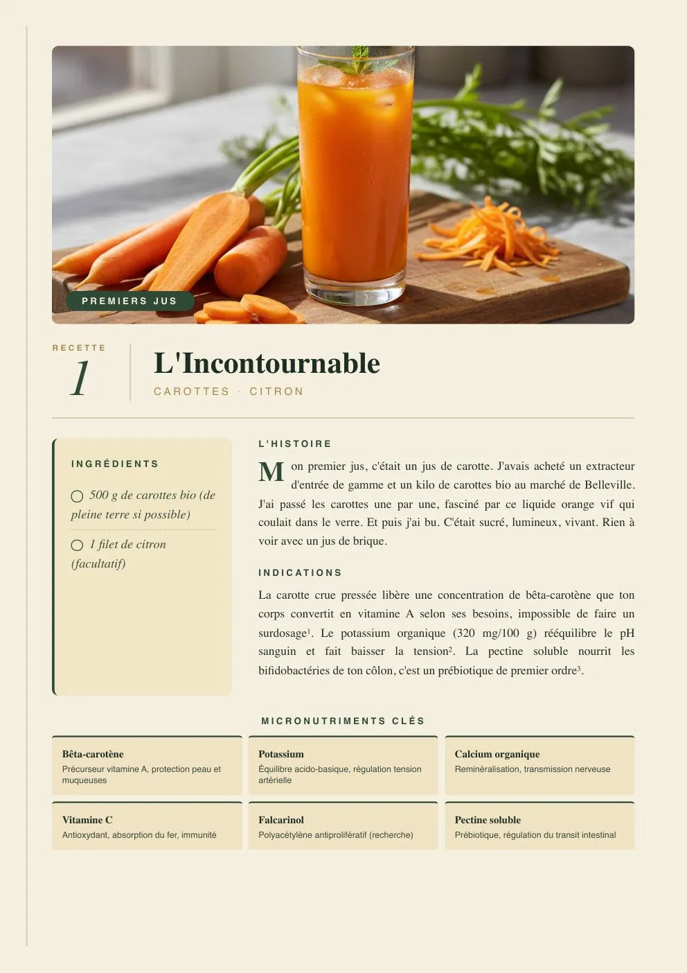 Page de l'ebook : recette 1, L'Incontournable, carottes et citron, avec ses ingrédients, son histoire et ses micronutriments clés