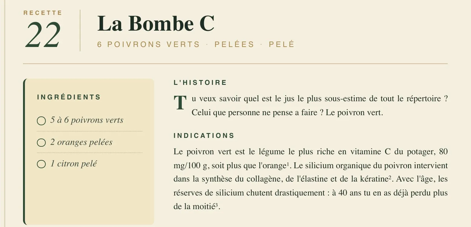 Détail d'une page de l'ebook : recette 22, La Bombe C. Ingrédients : 5 à 6 poivrons verts, 2 oranges pelées, 1 citron pelé. Puis l'histoire du jus et ses indications.