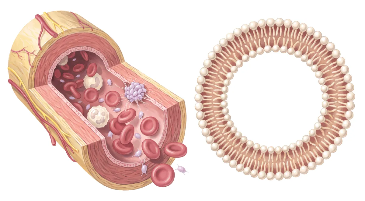 Planche : Le sang dans une petite artère. 1, Plaquettes (elles s'agrègent plus facilement) ; 2, Globule rouge (sa membrane se rigidifie) ; 3, Membrane du globule rouge (sa part d'EPA et de DHA donne l'index oméga 3, bas sous 4 %).