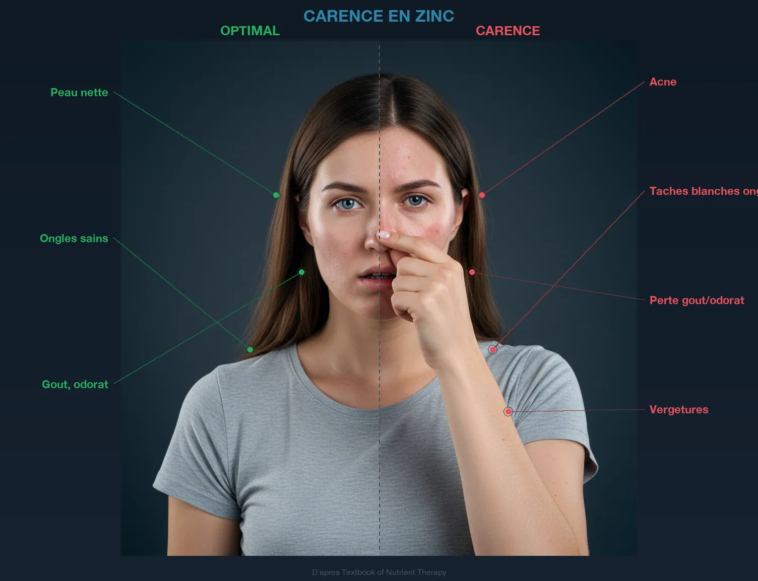 Semiología de la carencia de zinc: signos visibles en optimal versus carenciado