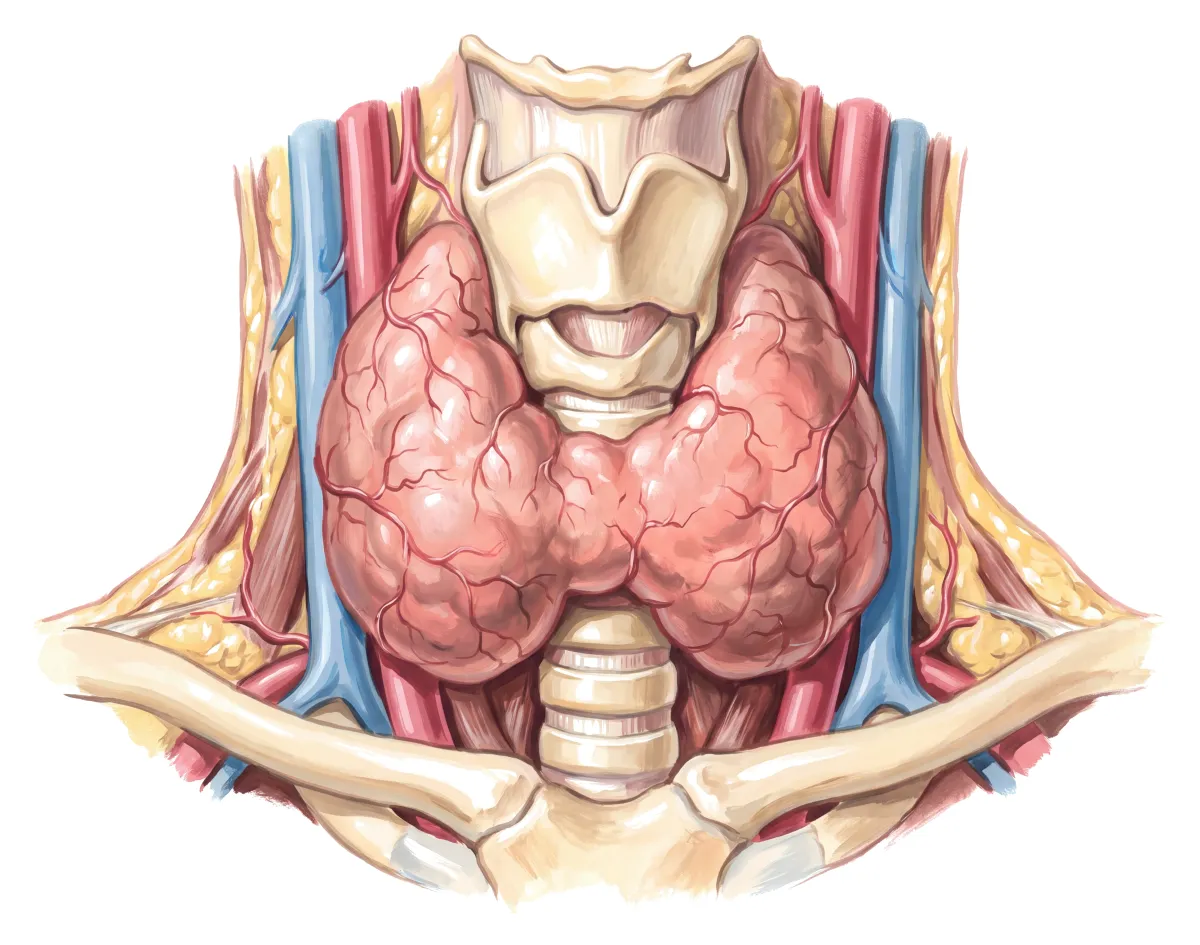 Planche : Le cou, vu de face. 1, Larynx (la voix devient rauque, enrouée) ; 2, Thyroïde (elle grossit : le goitre, visible ou palpable).