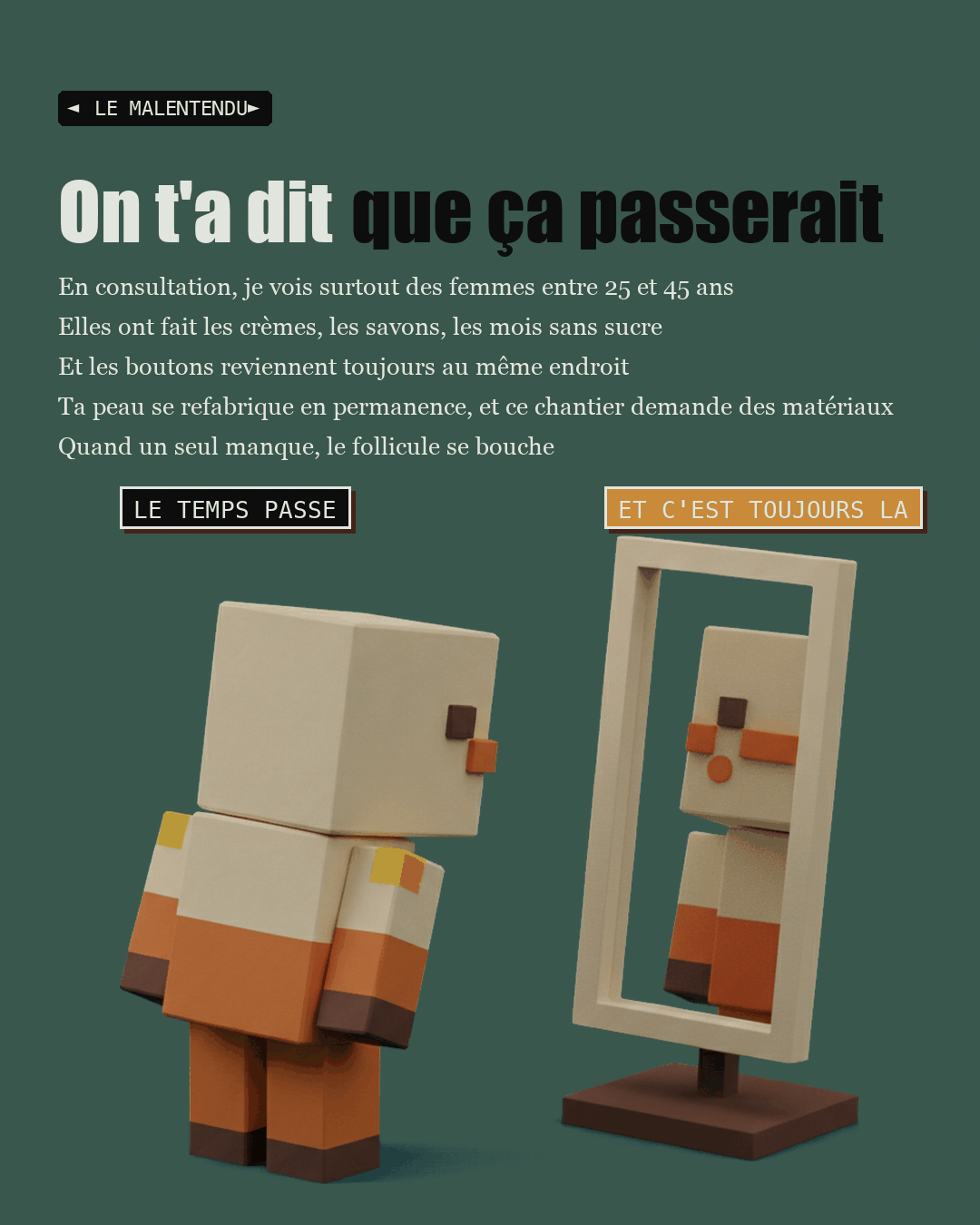Un personnage en argile se regarde dans un miroir, des marques orange sur la joue dans le reflet