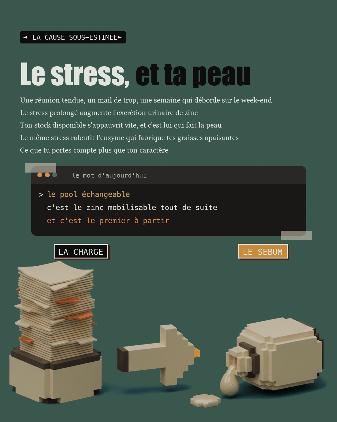 Une pile de papiers qui penche et une bouteille qui se renverse, en argile