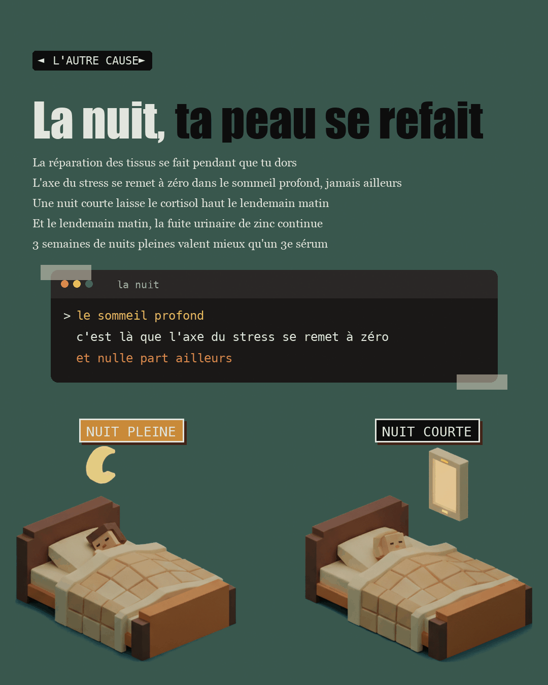 Un lit avec un personnage endormi sous une lune, et le même lit vide avec un téléphone allumé