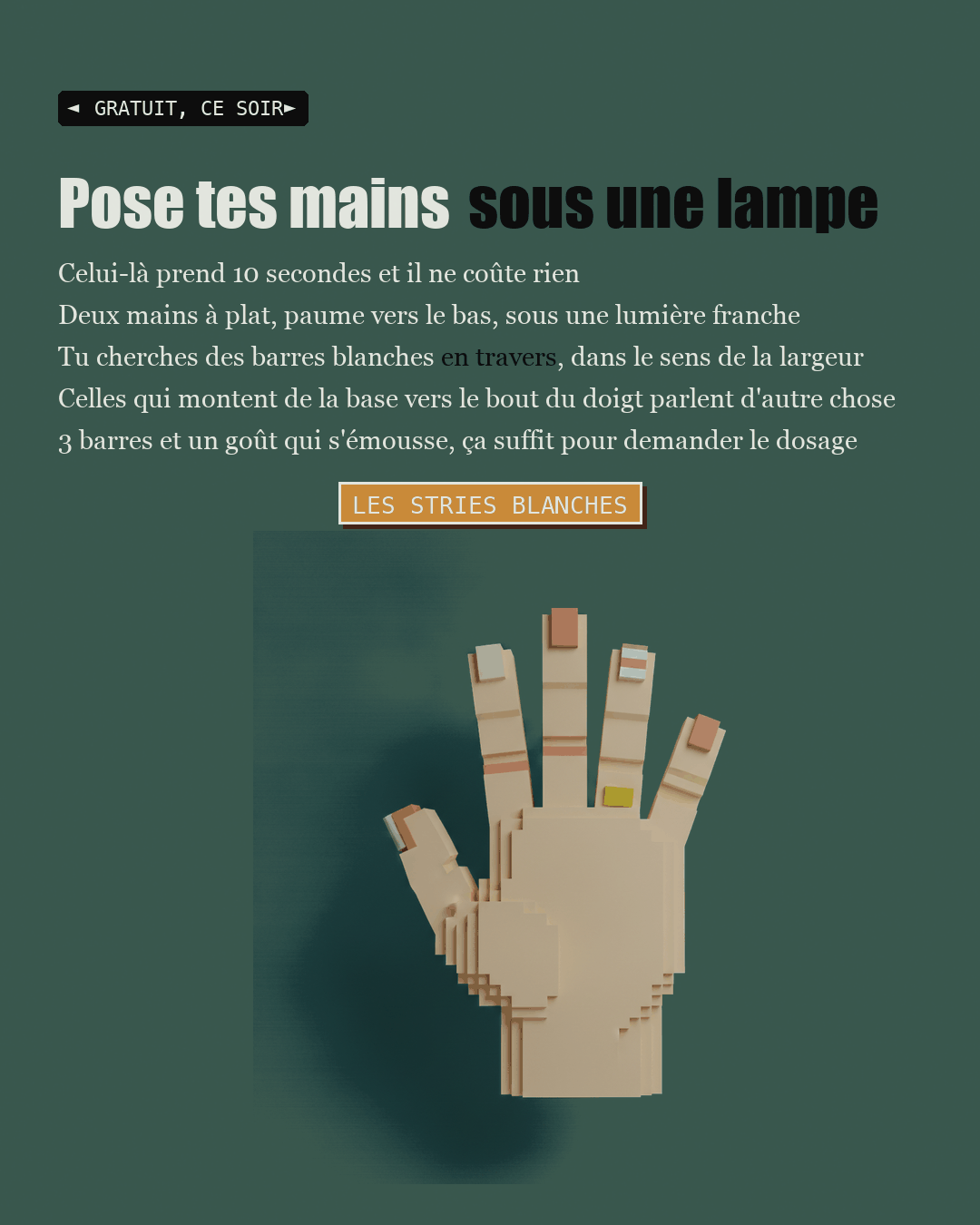Une grande main en argile, paume vers le bas, avec des stries blanches en travers de deux ongles