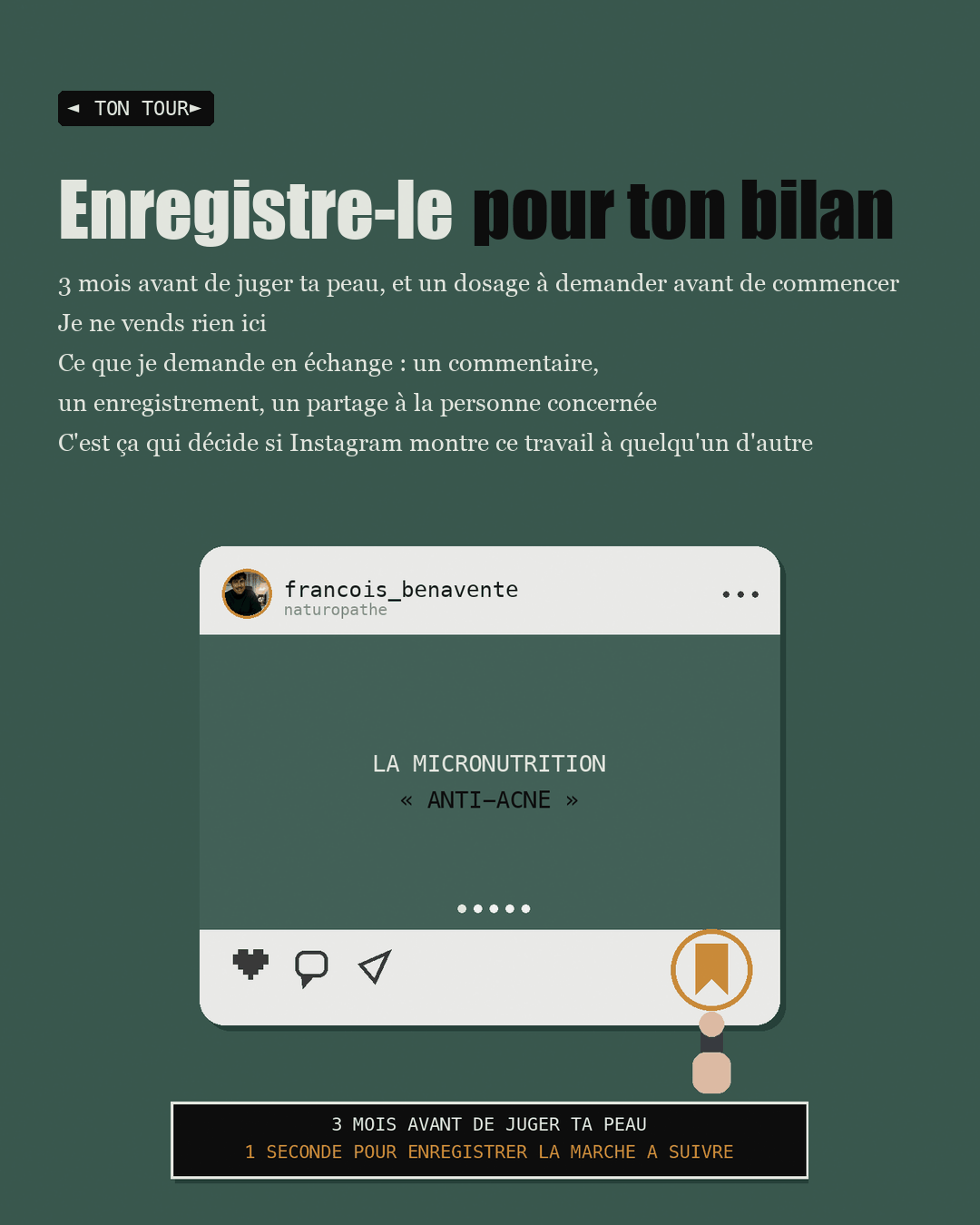 Maquette d'écran Instagram avec le marque-page entouré et un doigt qui appuie