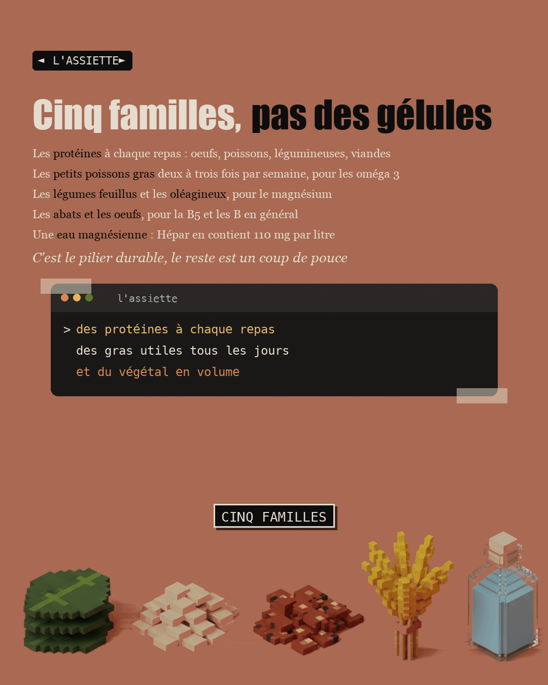 Cinq familles d'aliments en argile