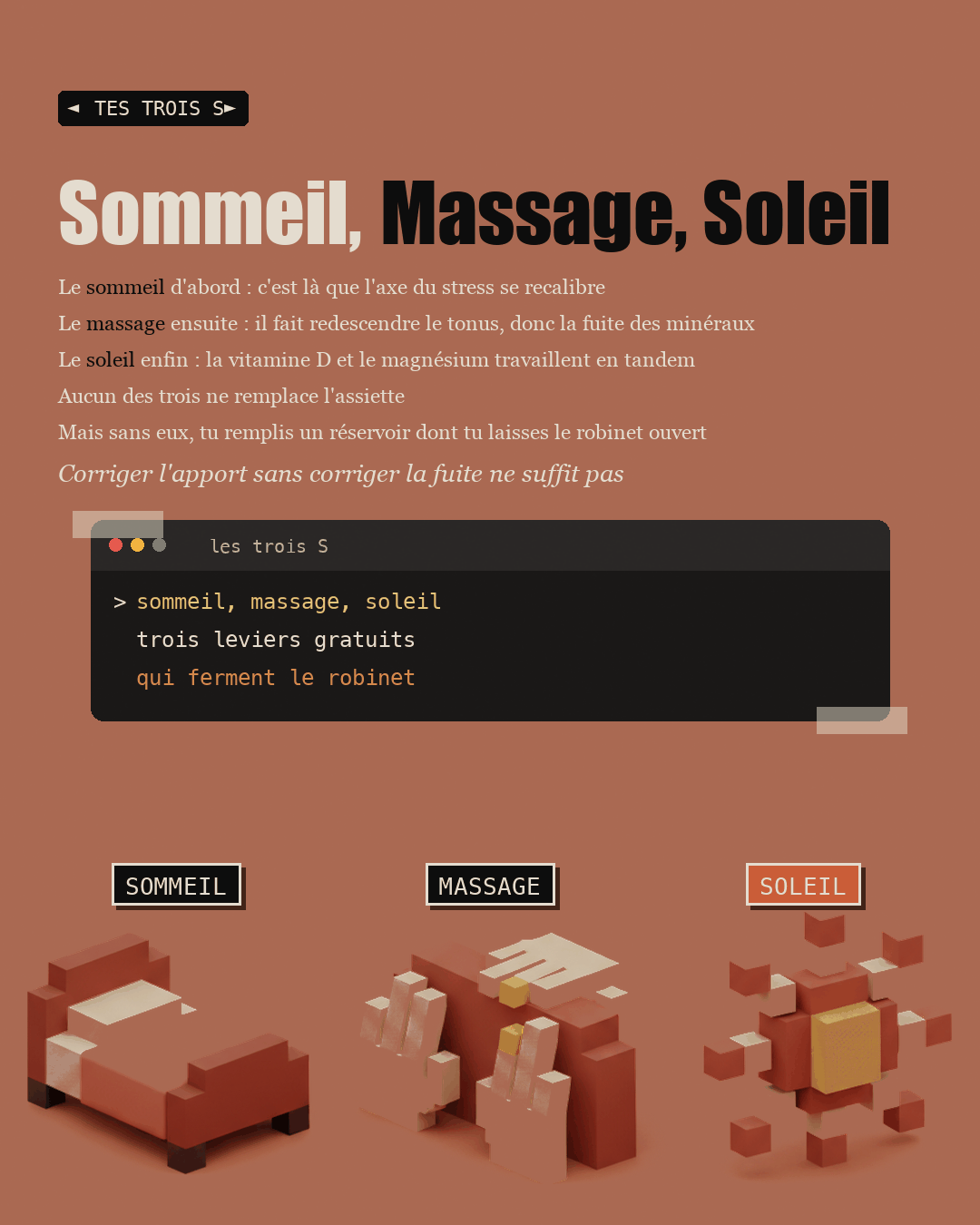 Trois symboles en argile : un lit, des mains, un soleil