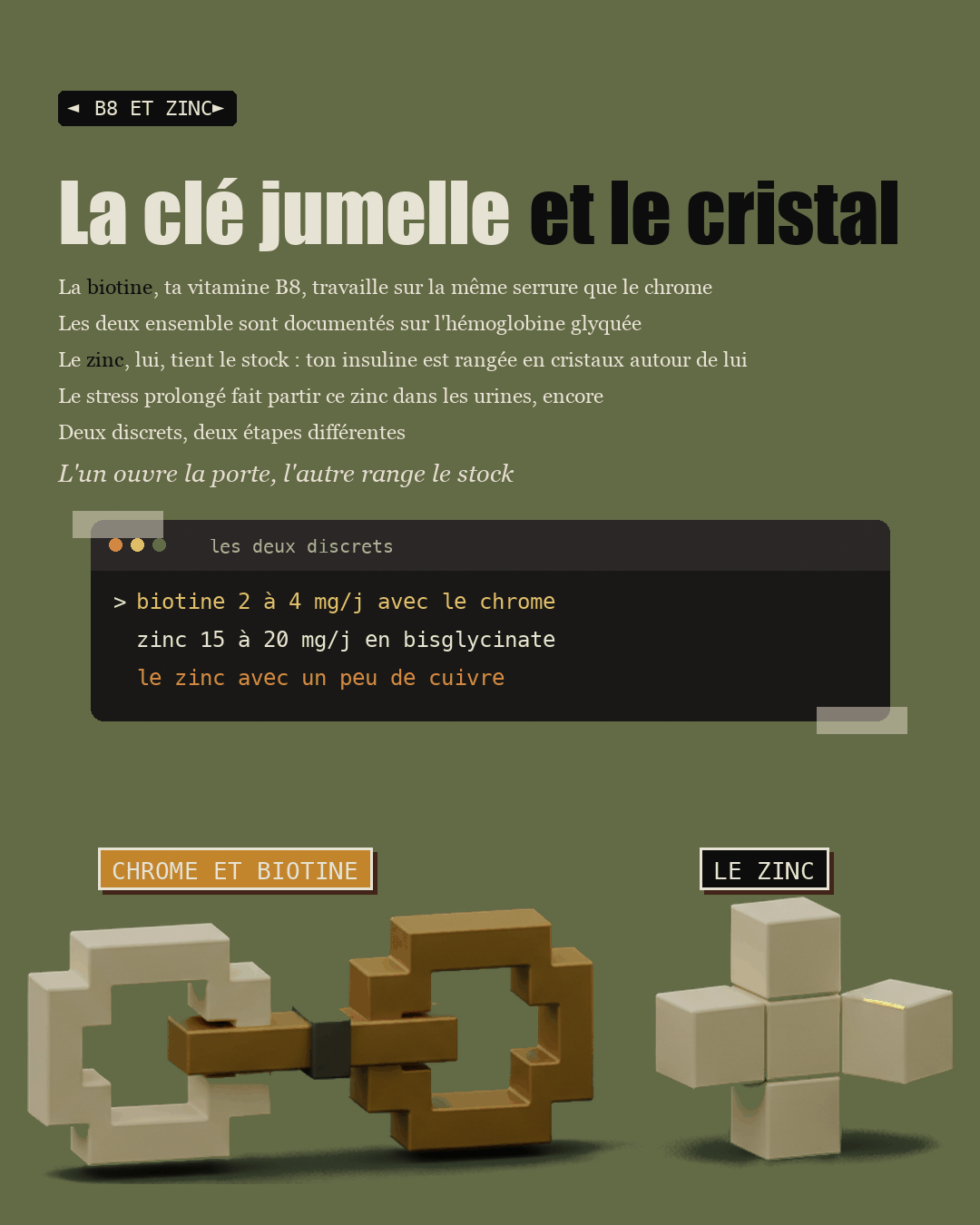 Deux petits objets en argile, une clé et un cristal