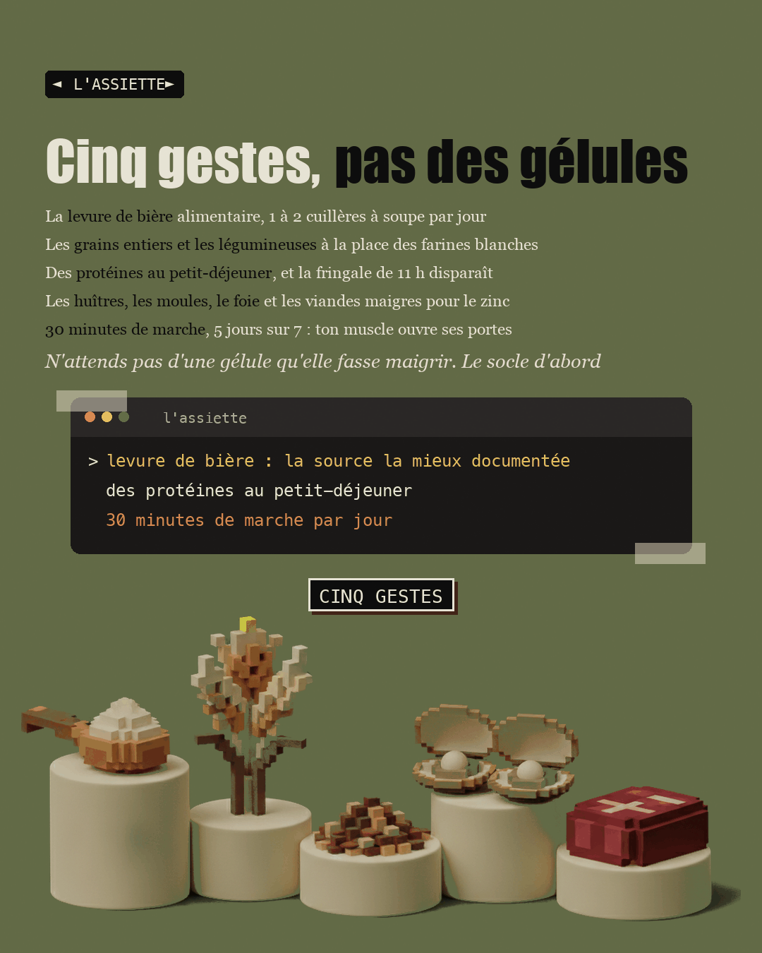 Cinq aliments en argile sur des socles