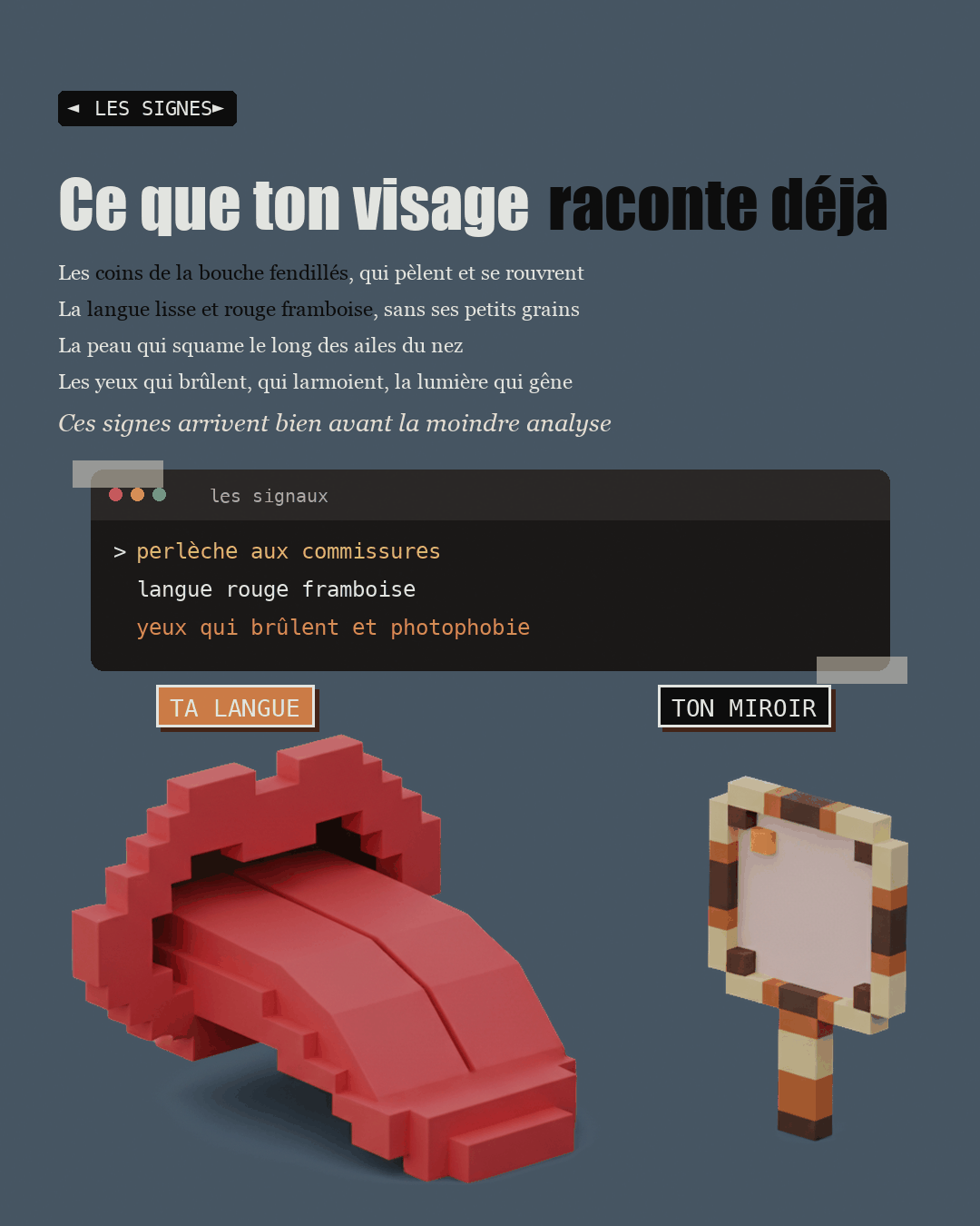 Une langue en argile lisse et rouge, et un petit miroir