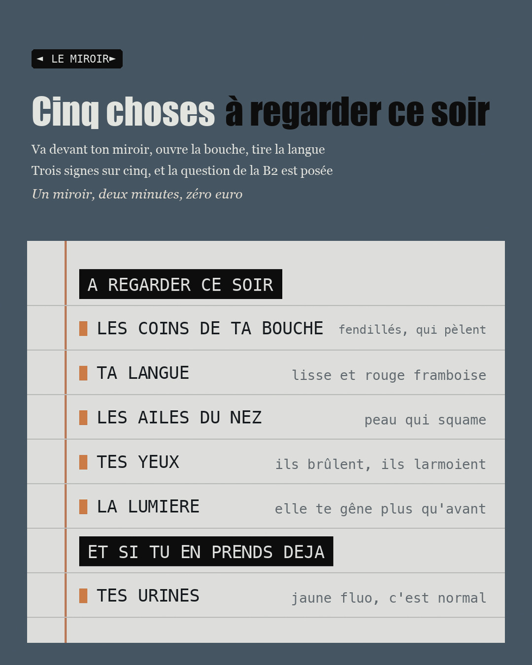 Page de cahier listant les signes à vérifier devant un miroir