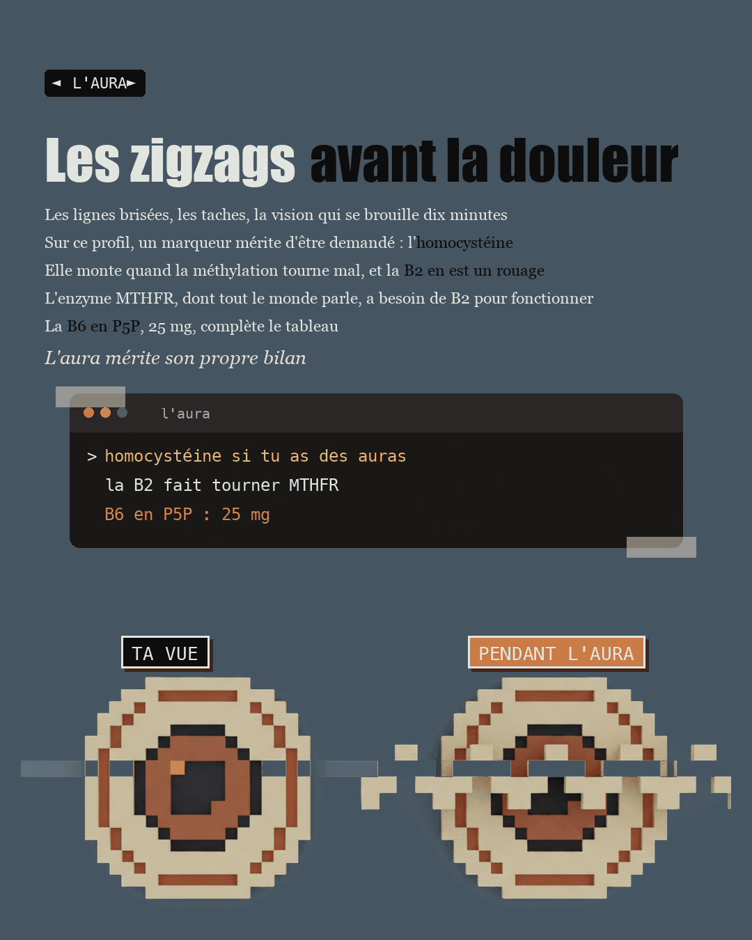 Un œil en argile clair, puis le même barré d'un zigzag