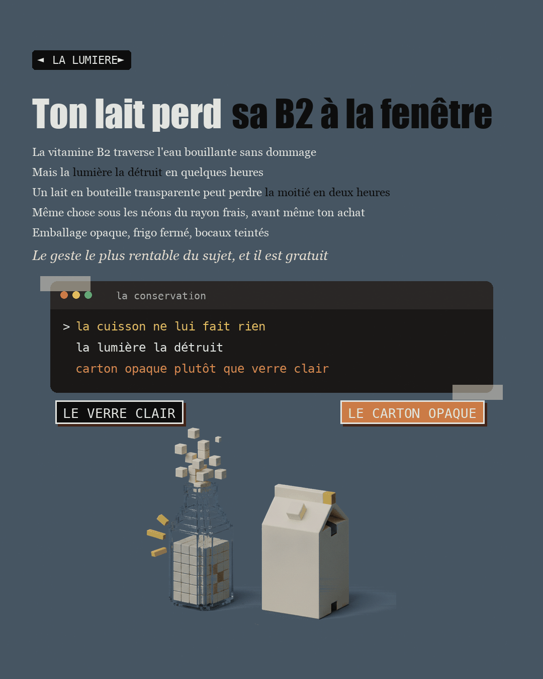 Une bouteille de lait frappée par des rayons de soleil, et un carton opaque