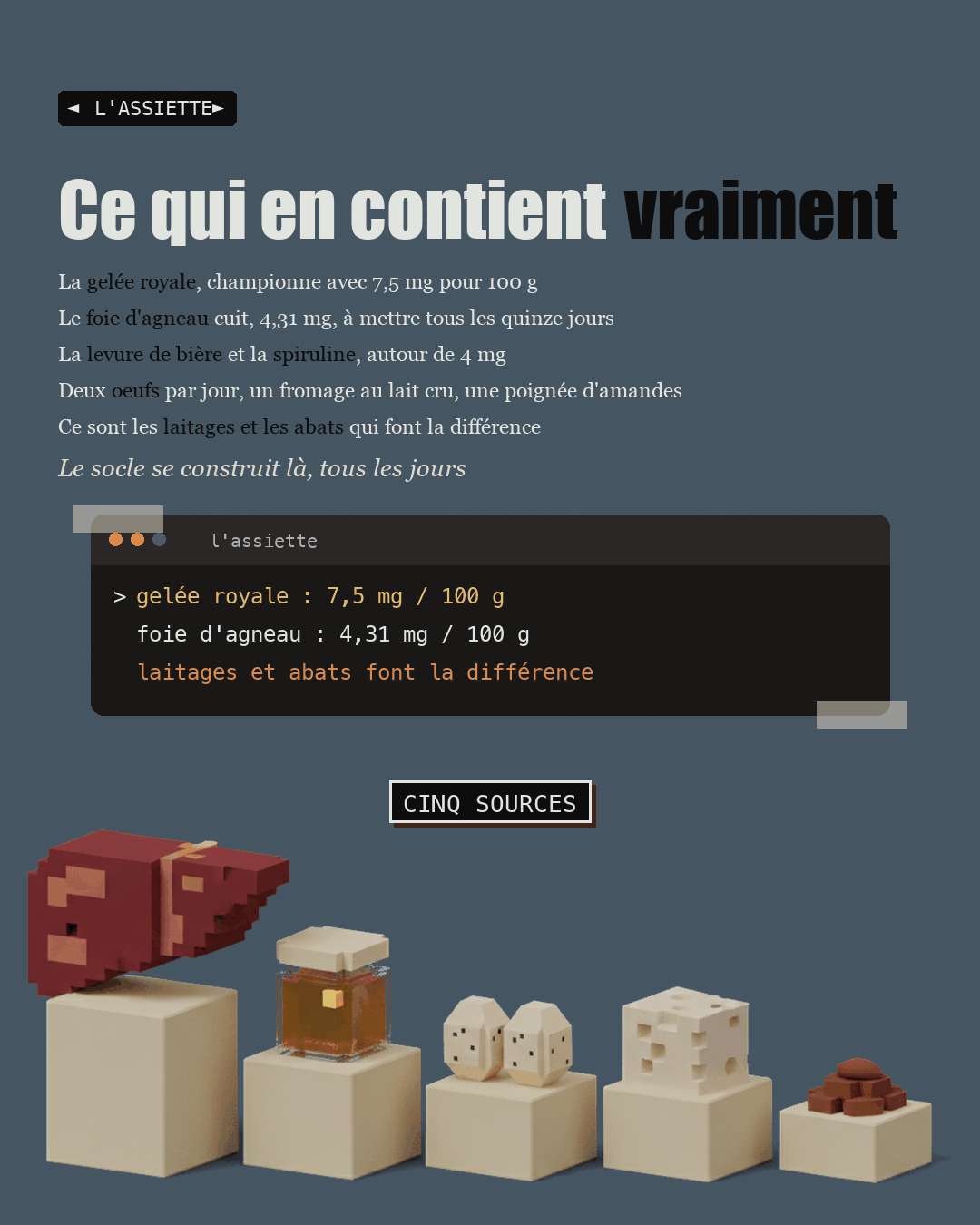 Cinq aliments sur des socles de hauteurs décroissantes