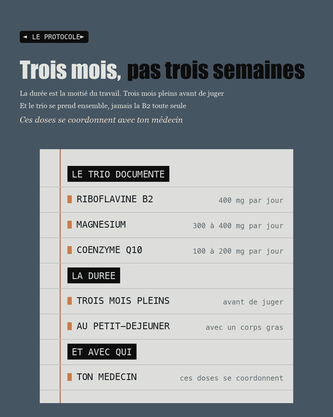 Page de cahier du trio documenté avec les doses et la durée