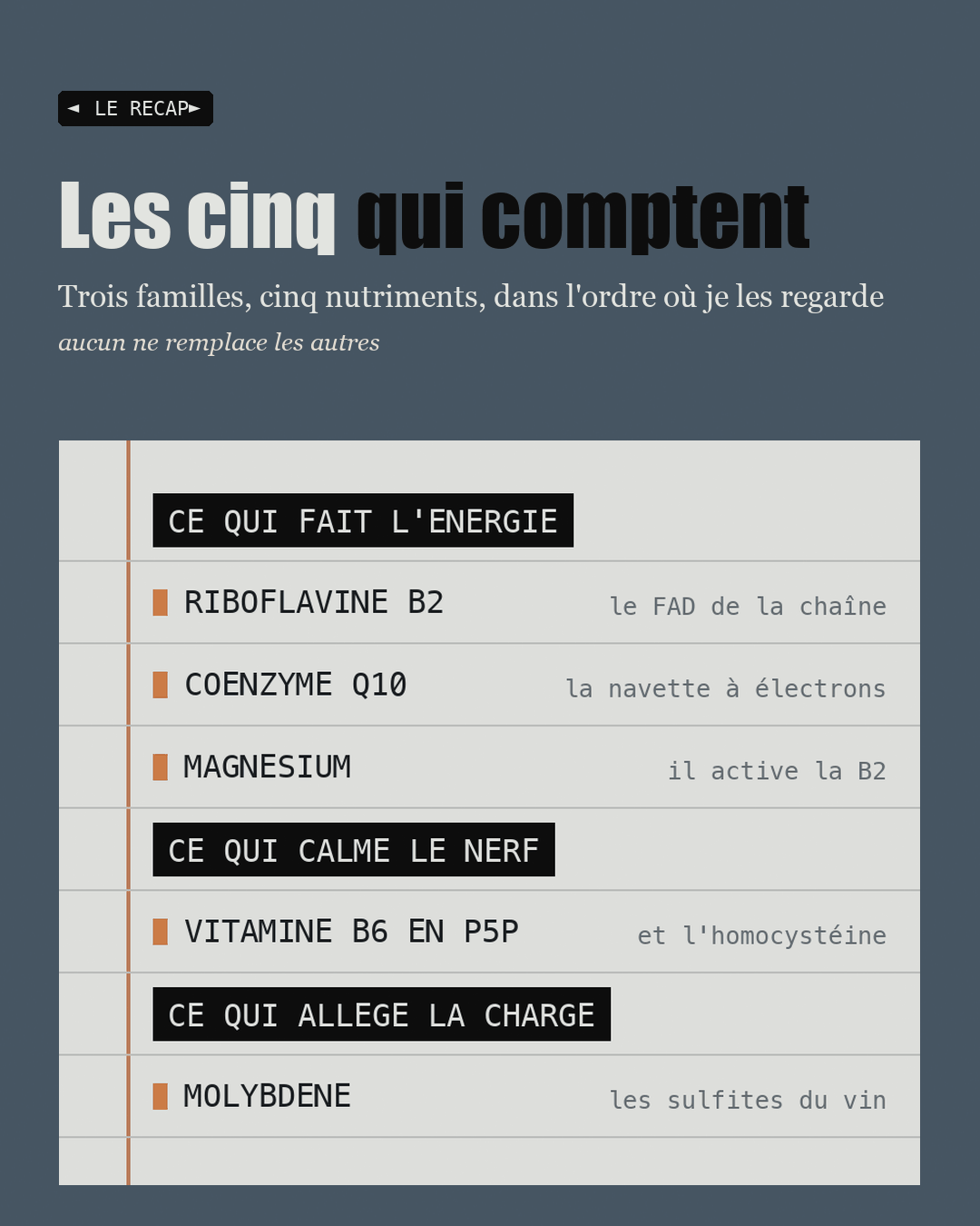 Page de cahier récapitulant les cinq nutriments par famille